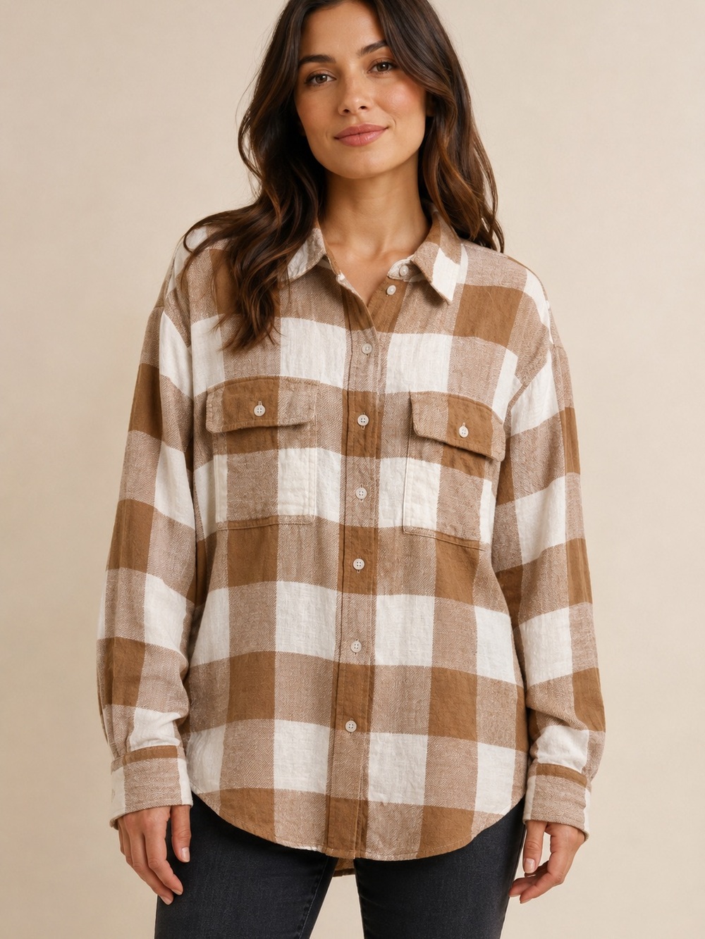 American Eagle Outfitters Tan and White Buffalo Check Button-Down Shirt